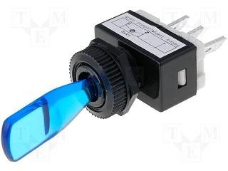 Tumblers, SPST-NO, OFF-ON, 6A/12VDC, lodēšanai, 6.3x0.8mm, M12, 13.7x25.5x12.2mm, poliamids, CSI, ar fiksaciju, ar zilu apgaismošanu 12V