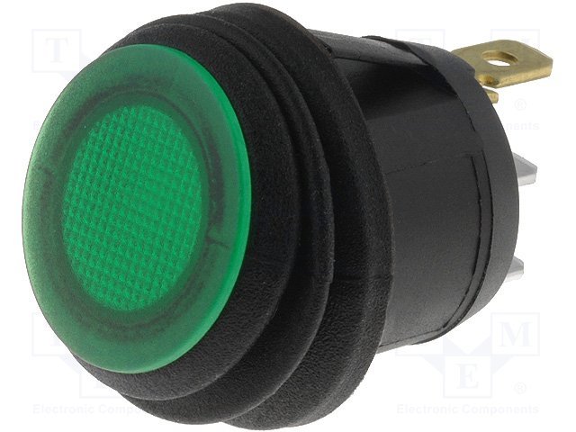 Taustiņslēdzis SPST, ON-OFF, 10A/250VAC, D=23mm, IP65, apgaism. neona lamp., zaļa krasa, apaļa, ģermetiska,  ar fiksāciju