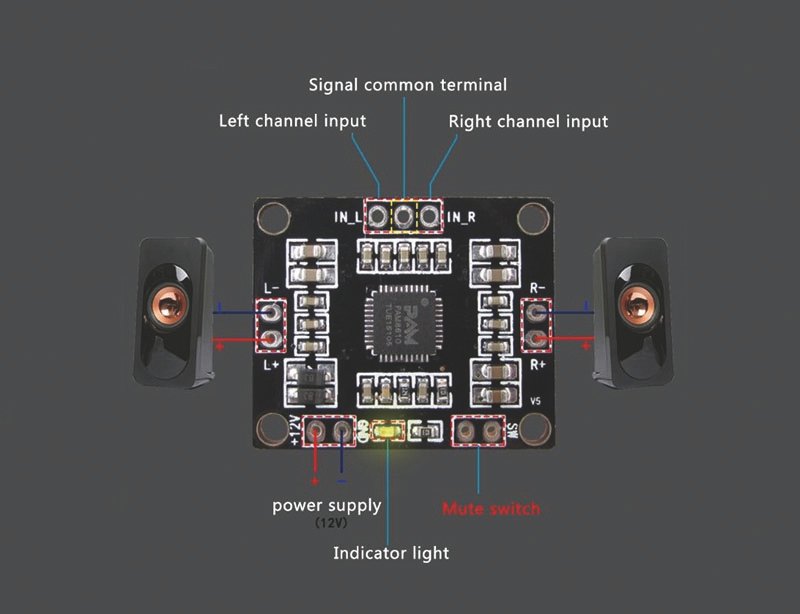 Modulis: audio, jaudas pastiprinātājs, stereo, 2x10W/8R, Class D, DC12V/2A, 25x31x3mm, PAM8610