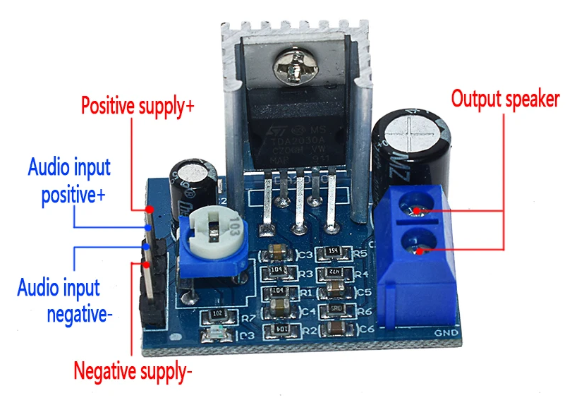 Modulis: audio, jaudas pastiprinātājs, mono, 18W, 6...12VDC, 32x23mm, TDA2030A
