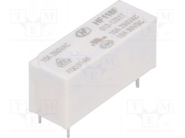 Relejs DC12V, SPDT, 10A/250VAC, 10A/30VDC, 620R(17.6mA), viens kontakts uz pārslēgšanu, 28.5x12.5x10.1mm, HONGFA RELAY
