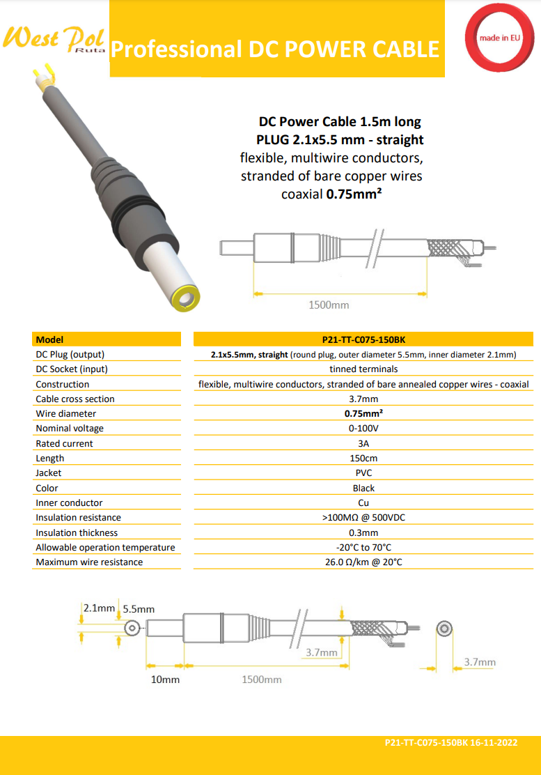 5.5*2.1mm, L=10mm, taisns štekers, 100V/3A, 0.75mm2, apaļš vads 1.5m