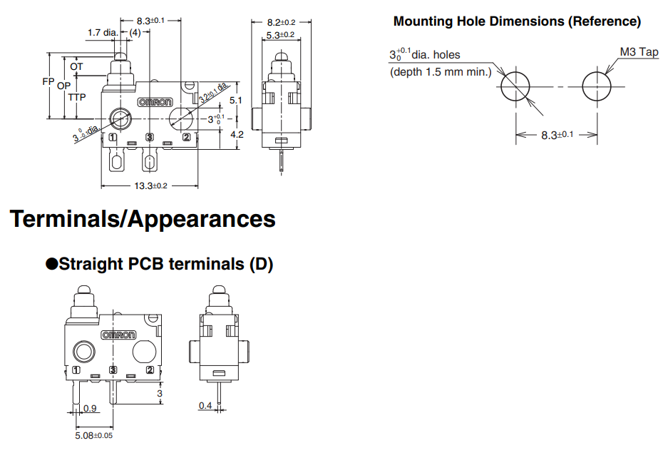 Mikropārslēdzējs bez sviras, SPST-NO, OFF-(ON), 0.1A/30VDC, IP67, 13.3x5.3x9.3mm, PCB, OMRON