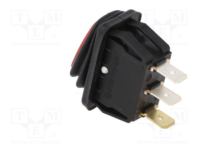 Taustiņslēdzis SPST, ON-OFF, 25A/14VDC, 31.5x18.5x21.1mm, IP65, LED12VDC, oranžā krasa, ģermetiska, ar fiksāciju