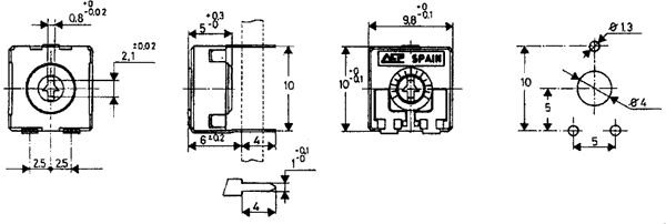500K pieskaņošais horizontalais rezistors, 150mW, 10x10x5mm, seškanšu atvere