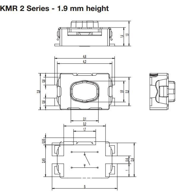 Mikroslēdzejs horizontāls, SPST-NO, OFF-(ON), 0.05A/32VDC, SMD, 4.2x2.8x1.4mm, 1.2N, L=0.5mm, IP40