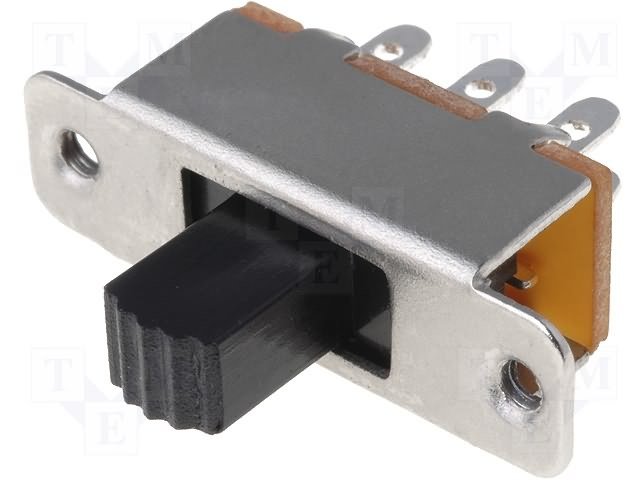 Pārslēdzējs slīdbīdņu DPDT, 0,5A/250VAC, ON-ON, 16x7.5x7.5mm, L=6.5mm, taisns, divi kontakti uz divam stāvoklim