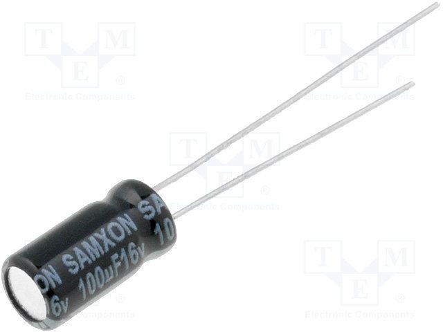 100/16V, 105C, Ø5x11mm, ±20%, Kondensators elektrolītisks, 1000h, SAMXON, ar lokaniem izvadiem