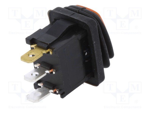 Taustiņslēdzis SPST, ON-OFF, 16A/12VDC, 21x15x13.8mm, IP65, ar apgaism. LED12VDC, oranžā krasa, ģermetiska, ar fiksāciju