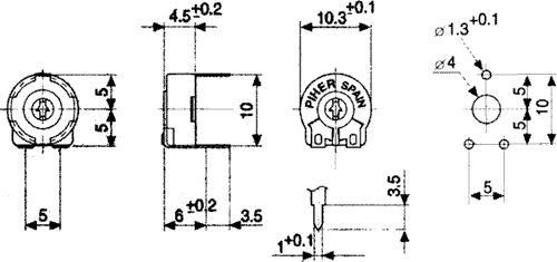 25K pieskaņošais horizontalais rezistors, 150mW, ±20%, 200V, Ø10.3x4.5mm, krusts atvere