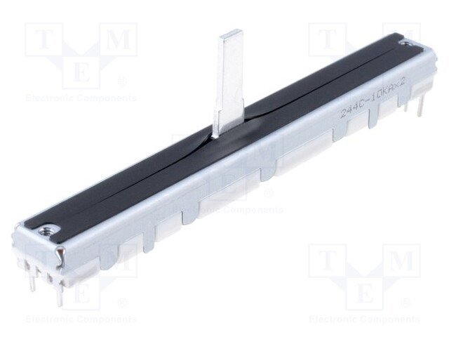 10K, slīdbīnžu potenciometrs, lineare atkarība, STEREO, metalisks, 200mW, 75x9 x7mm