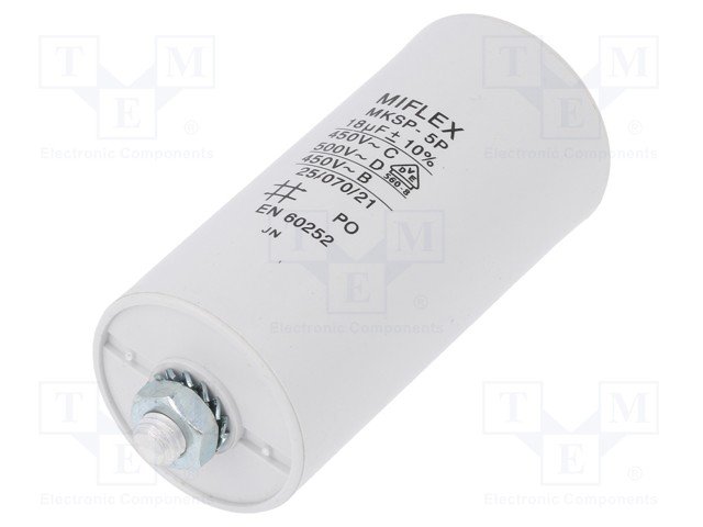 18.0/470VAC, ±5%, elektromotoru kondensators, klemes 6.3mm, 10000h, M8, Ø45x74mm