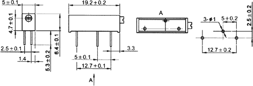 100R pieskaņošais daudzapgriezienu rezistors, 750mW, 19.2x5x6.4mm