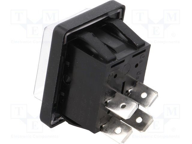 Taustiņslēdzis DPST, ON-OFF, 16A/250VAC, 25x30x33mm, IP44, (--O), 6.3x0.8mm, melnā krasa, ar fiksāciju