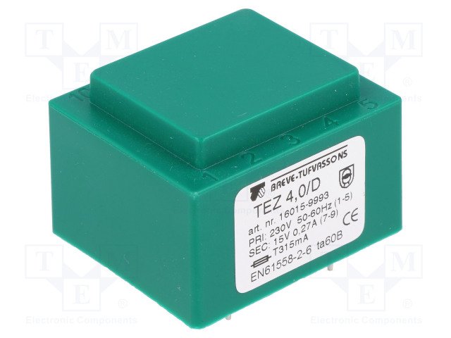 Transformators 220V=>15V, 266.6mA, 4VA, 35x42x29mm