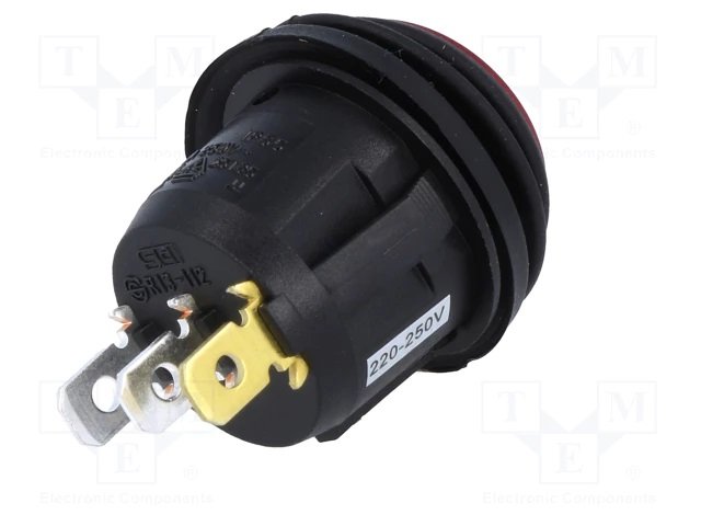 Taustiņslēdzis SPST, ON-OFF, 10A/250VAC, D=23mm, IP65, apgaism. neona lamp., sarkana krasa, apaļa, ģermetiska, ar fiksāciju
