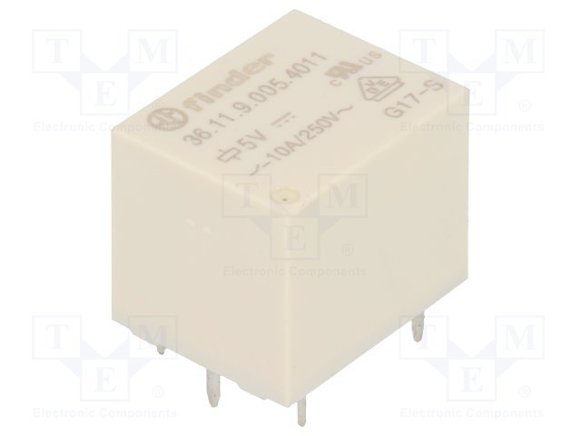 Relejs DC5V, SPDT, 10A/250VAC, 10A/30VDC, 70Ω(72mA), viens kontakts uz pārslēgšanu, 19x15.5 x15.5mm, FINDER