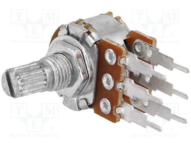 2K2 stereo, Ø17x11mm, ±20%, 63mW, potenciometrs ar logarifmisku atkarību, 6mm