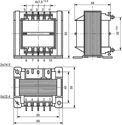 Transformators 220V=>2x16V, 2x400mA, 15VA, 60x50x55mm