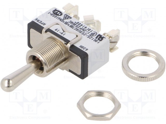 Tumblers, SP3T, ON-OFF-(ON), 10A/250VAC, 5A/24VDC, screw terminals, M12, 29.5x14.5x15mm, APEM, veina puse ar fiksaciju, otra bēz fiksacijas