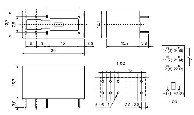 Relejs DC12V, SPDT, 16A/250VAC, 16A/24VDC, 360R(33mA), viens kontakts uz pārslēgšanu, AgNi, 29x12.7x15.7mm, RELPOL