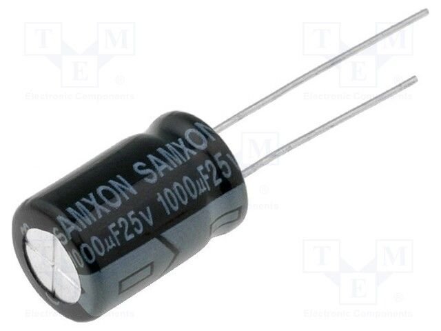 1000/25V, 105C, Ø10x16mm, ±20%, Kondensators elektrolītisks, 2000h, SAMXON, ar lokaniem izvadiem