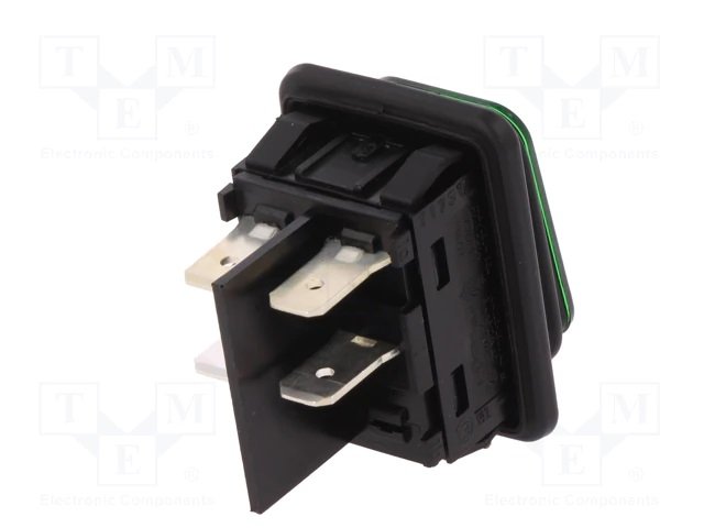 Taustiņslēdzis DPST, OFF-ON, 20A/250VAC, 31.5x25x16.20mm, IP65, (O-I), 6.3x0.8mm, ar apgaism. neon. spul., zala krasa, ar fiksāciju, Marquardt