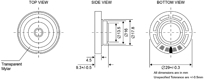 Dinamiks mylar Ø29x9.3mm, 8R, 0.5W, 93dB