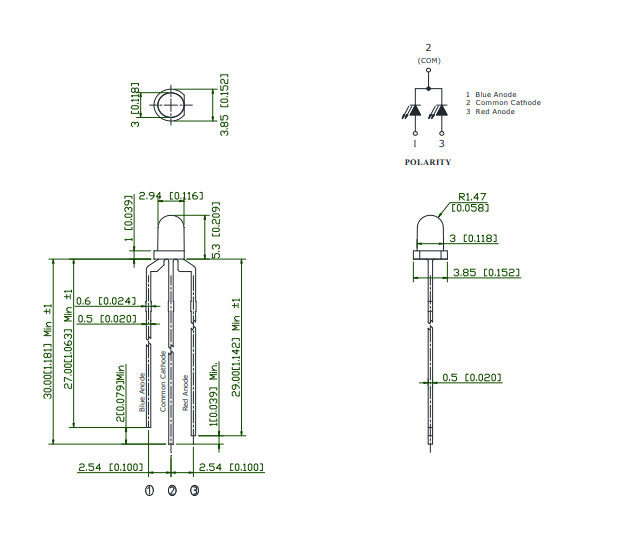 3mm, sarkans+zils, ar kopīgo katodu(-), 890/2000mcd, 30grad., 1.6...2.4/2.6...3.4V/20mA, gaismas diode