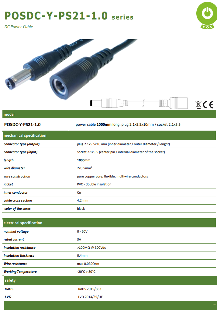 5.5*2.1mm spraudnis/5.5*2.1mm ligzda, L=10mm, pagarinājs, taisns, 60V/3A, 0.5mm2, vads, 1m