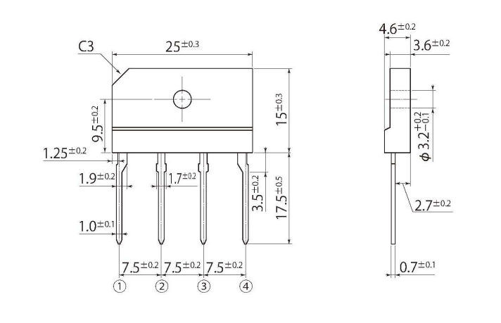 D10XB60H diožu tilts, 600V, 10A, 25x15x4.6mm, plakans, vertikāls, SHINDENGEN