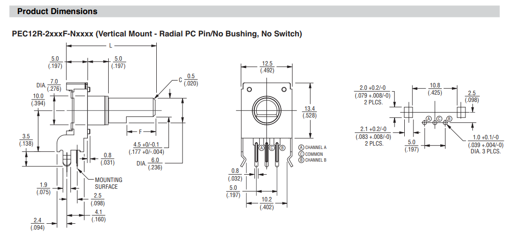 Enkoders, 24imp/revol., 12.4x13.4mm, L=15mm, plastmasas rokturis D=6mm, D-profils, vertikāls, ar spiedpogu, bez vītnes