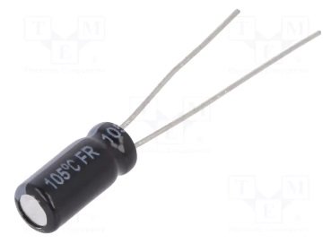 22/50V, 105C, Ø5x11mm, ±20%, Kondensators zemas induktivitātes, 5000h, PANASONIC, ar lokaniem izvadiem