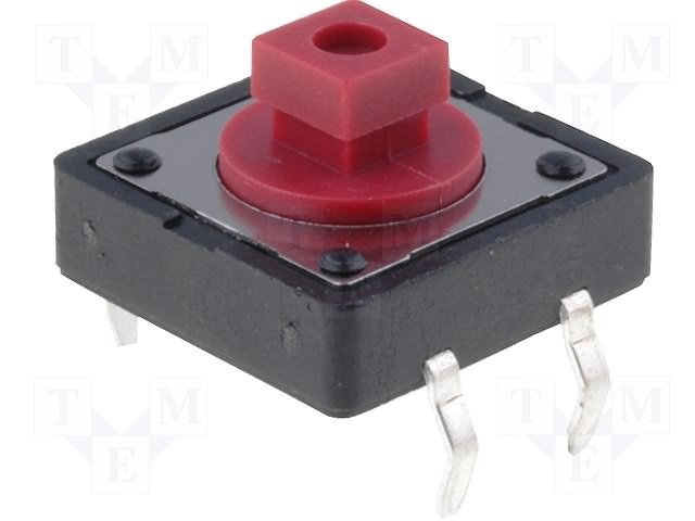 Mikroslēdzejs horizontāls, SPST-NO, OFF-(ON), 0.05A/12VDC, THT, 12x12x4mm, 2.5N, L=3.5mm, kvadrātveida stienis, sarkana