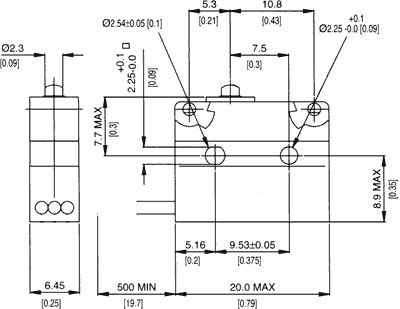 Mikropārslēdzējs bez sviras, SPDT, ON-(ON), 5A/250VAC, IP67, 20x17.5x6.4mm, Lvad=300mm, SAIA-BURGESS