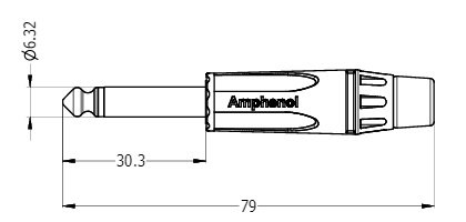 6.35mm štekers, mono, metālisks, uz vadu, ar amortizatoru, sudrabots/melns, AMPHENOL