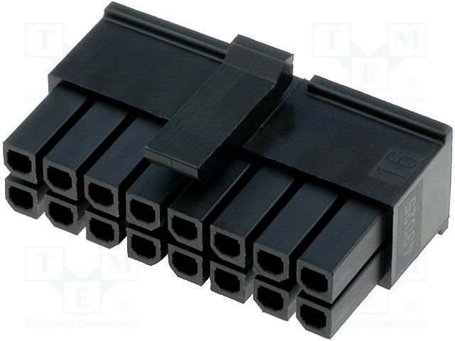 16pin(2x8), MicroFit, korpuss "papa" uz vadam, bez kontaktiem, solis=3x3mm, 5A