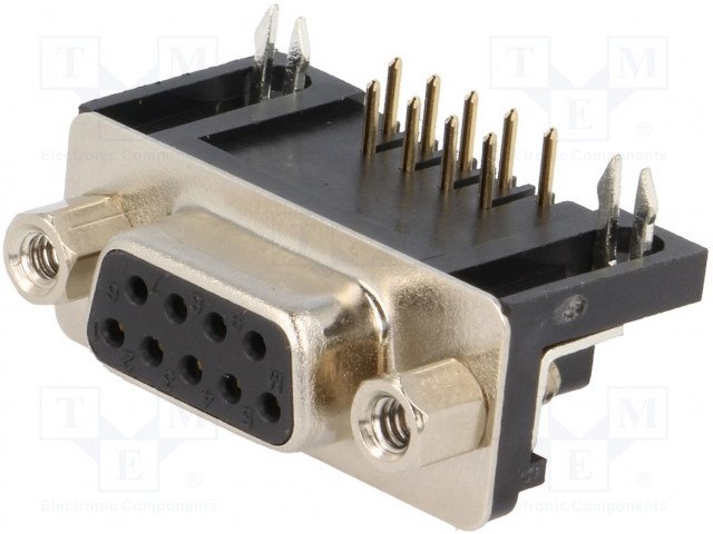 9PIN D-SUB, ligzda, PCB type, leņķisks, plastmasu korpuss