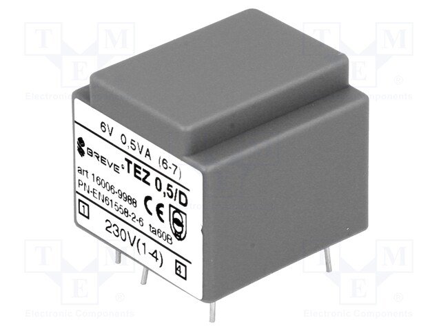 Transformators 220V=>6V, 83mA, 0.5VA, 22x24x19mm