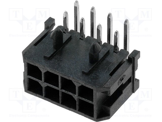 8pin(2x4), MicroFit, "mama/THT", šasijai, solis=3x3mm, 5A, leņķisks 90°