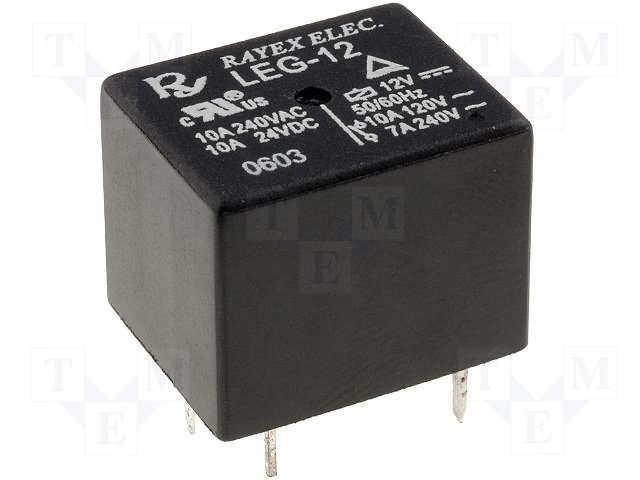 Relejs DC12V, SPDT, 10A/120VAC, 10A/24VDC, 400R(30mA), viens kontakts uz pārslēgšanu, 19.5x15.8x15mm, RAYEX ELECTRONICS