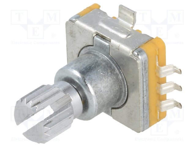 Enkoders, 15imp/revol., 11.7x13.75mm, L=7mm, SMD, metala rokturis D=6mm, vertīkals, divas fazas A un B bez fiksācijas, ar spiedpogu