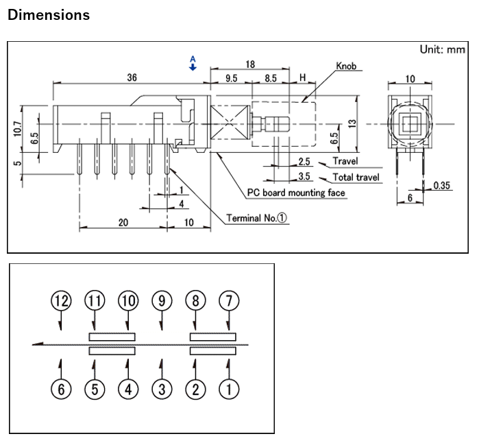 Poga 4PDT, OFF-ON, 0.1A/30VDC, THT, 10x36x13mm, solis 7x4mm, ar fiksaciju