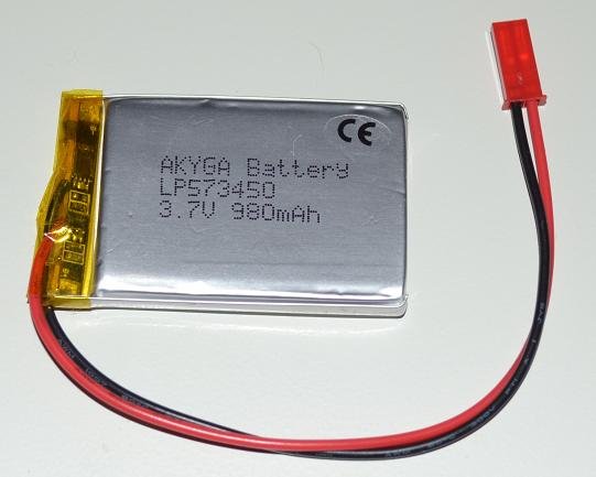 Akumulators Li-pol, 3.7V/980mAh, konn+sock2.54*2pins, 5.7x34x50mm