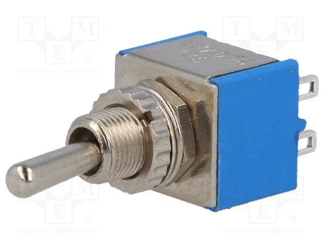 Tumblers, DP3T, ON-OFF-ON, 3A/250VAC, lodēšanai, Ø6mm, 12.5x11.5x9.5mm, divi kontakti uz trīm stavoklim, ar fiksaciju, collas vītne