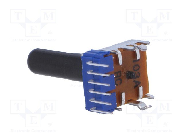 10K stereo, viena rinda, ±20%, 50mW, potenciometrs ar logaritmisku atkarību, horizontālais, ass D-profils, D=6mm