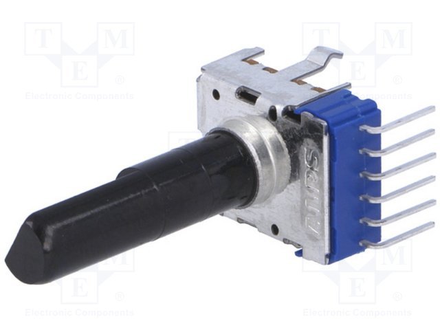 10K stereo, viena rinda, ±20%, 50mW, potenciometrs ar logaritmisku atkarību, horizontālais, ass D-profils, D=6mm