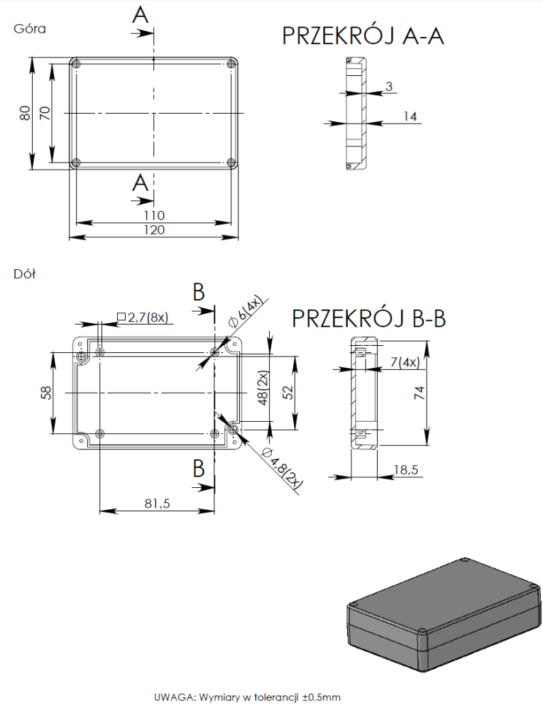 Plastmasas korpuss, 79x120x31mm, ABS, pēlekā krasa