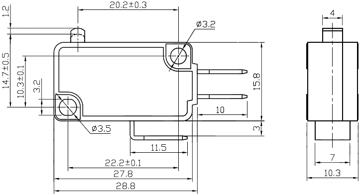 Mikropārslēdzējs bez sviras, SPDT, ON-(ON), 10A/250VAC, IP40, 28x10.3x16mm, viens kontakts uz parslēgšanu