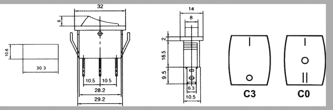 Taustiņslēdzis SP3T, ON-OFF-ON, 3A/250VAC, 18.8x12.9x13.8mm, (--O=), melnā krasa, ar fiksāciju